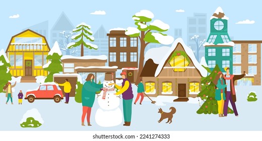 Winter activity in snow town, vector illustration. People character at cartoon city have fun outdoor at holiday season. Flat man woman girl boy play