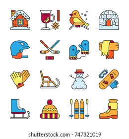 Winter activity, sport, outdoor, season childrens game, clothe, footwear, fun thin line color fill icon set. Vector linear symbol pack outline sign editable stroke Simple flat style graphic collection
