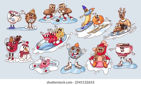 Atividade de inverno adesivos de conjunto de personagens de desenhos animados groovy. Engraçado retro inverno temporada elementos, mascotes andando trenós, snowboard, patinação no gelo. Coleção de desenhos animados da ilustração de vetor estilo dos anos 70 e 80