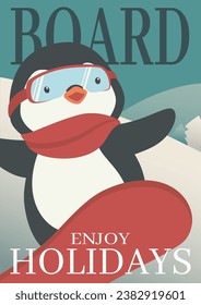 Winter activity vector illustration. Penguin snowboarder