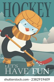 Winteraktivität, Vektorgrafik. Pinguinhockey-Spieler
