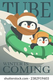 Winter activity vector illustration. Penguins go tubing down the mountain