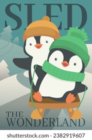 Winter activity vector illustration. Penguins ride a winter sled