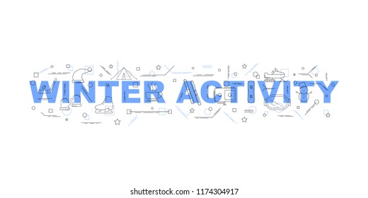 Winter activity word with line icon. Linear vector pattern. Vector illustration