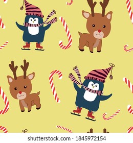 Winter adorable baby penguin in scarf and head on a skate  and cute baby reindeer. Seamless pattern with candy sticks on a cozy background in warm colors. Perfect for baby gift wrapping.