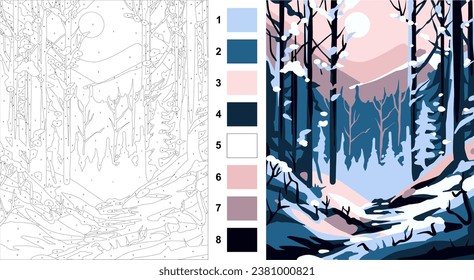 Winter, adult paint-by-numbers, paint-by-numbers kits, concept art, winter color, low detail, vector, flat drawing, paint-by-numbers, coloring page, for acrylic paint, acrylic, interior painting