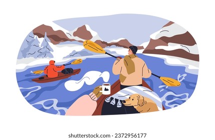 Winter adventure in boats. Tourists kayaking in cold weather, nature with mountains and river. People rafting in water. Wintertime holiday travel. Flat vector illustration isolated on white background