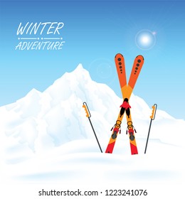 Winter adventure conceptual, ski resort against landscape, vector illustration.
