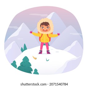 Winter adventure of kid vector illustration. Cartoon childr standing on top of mountain, cute hiker girl enjoying winter travel and snow isolated on white