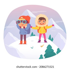 Winter adventure of kids vector illustration. Cartoon children standing on top of mountain, cute hiker boy and girl enjoying winter travel and snow, child looking through binoculars isolated on white