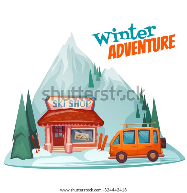 Winter adventure poster with ski shop.\
Vector illustration.