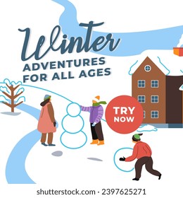 Winter adventures for all ages, try now. Family building snowman outdoors, mom and dad with kid playing, spending time together. Promotional banner, advertisement poster. Vector in flat style