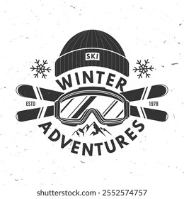 Winter adventures. Vector ski club retro badge. Concept for shirt, print, seal or stamp with mountain, ski glasses, winter sport hat. Family vacation, activity or travel. For logo design, patches