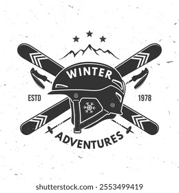 Winter adventures. Vector ski club retro badge. Concept for shirt, print, seal or stamp with skis, ski poles, helmet. Family vacation, activity or travel. For logo design, patches