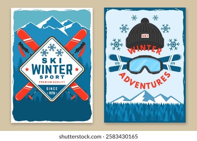 Winter adventures. Vector ski club retro flyer, poster, banner with mountain, ski glasses, winter sport hat, skis, ski poles. Family vacation, activity or travel