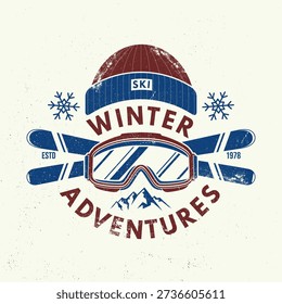 Winter adventures. Vector ski club retro badge, textile patch. Concept for shirt, print, seal or stamp with mountain, ski glasses, winter sport hat. Family vacation, activity or travel. For logo