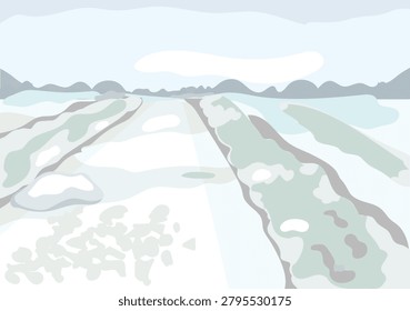 Winter agricultural field vector illustration, dormant season farmland landscape with snow