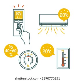 Conjunto de ilustración de medidas de ahorro de energía del acondicionador de aire de invierno (control de temperatura, control de humedad)