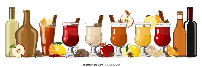 Winter alcoholic hot drinks and cocktails - mulled wine, glogg, grog, eggnog, warm ginger ale, hot buttered rum, punch, mulled apple cider on white banner background, vector illustration