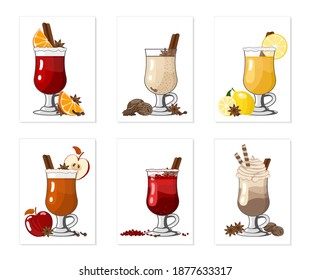 Winter alcoholic hot drinks and cocktails - mulled wine, grog, eggnog, ginger ale, hot buttered rum, punch, mulled apple cider, chocolate with liqueur on white background, vector illustration