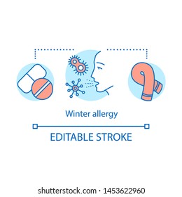 Winter Allergy Concept Icon. Seasonal Allergic Disease Idea Thin Line Illustration. Immune System Weakening. Mold And Dust Indoor Allergies Symptoms. Vector Isolated Outline Drawing. Editable Stroke