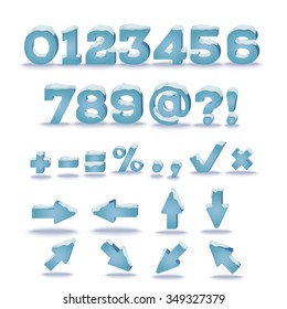Winter alphabet with snow cap effect. Part 2. Numbers, symbols and arrows. EPS 10 vector illustration, transparent shadow