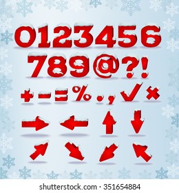 Winter alphabet with snow cap effect. Part 2. Numbers, symbols and arrows. EPS 10 vector illustration, transparent shadow