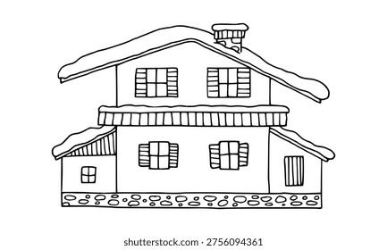 Winter Alpine chalet log house in Dolomite Alps black contour hand drawn by ink. Vector doodle architecture illustration element for design.