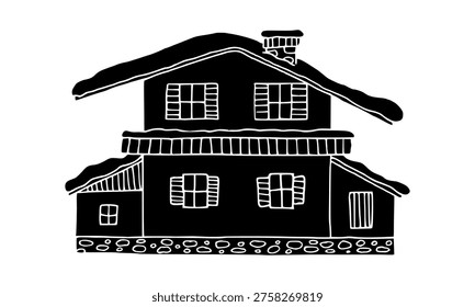 Winter Alpine chalet log house in Dolomite Alps black silhouette hand drawn by ink. Vector doodle architecture illustration element for design.