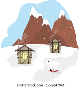 Winter Alpine landscape - sheep skiing, mountain, snow, houses