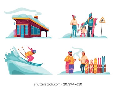 Winter alpine ski resort 4 cartoon compositions with equipment rental downhill skiing family on slope vector illustration