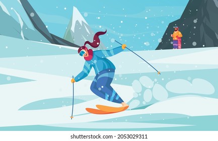 Winter alpine ski resort background cartoon composition young woman with long red hair skiing downhill vector illustration 