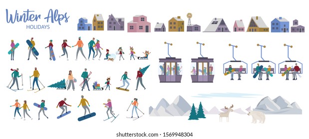 Winter Alps holiday collection. Set of active People ice skating, skiing, snowboarding, sledding, winter houses, mountain. Editable vector illustration