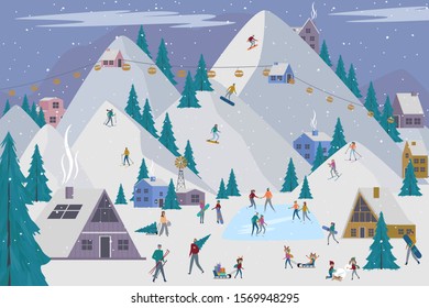 Winter Alps holidays background with active people. Winter outdoor activities, Tiny People ice skating, skiing, snowboarding, sledding. 