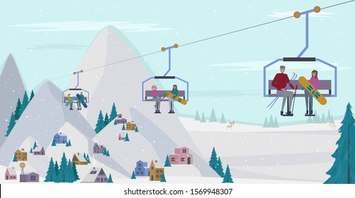 Winter Alps holidays background with active people. Winter outdoor activities, People ride the ski lifts in the mountains.