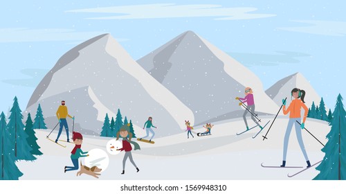 Winter Alps holidays background with active people. Winter outdoor activities, People ice skating, skiing, snowboarding, sledding and have fun.