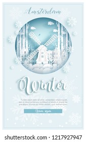 Winter in Amsterdam for travel and tour advertising concept with world famous landmark in paper cut style vector illustration.