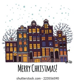Winter Amsterdam. Vintage card. Vector illustration.
