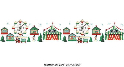 Wintervergnügungspark mit schicken Schildern nahtlose Vektorgrenze. Weihnachtsfestspiele Markt Unterhaltung handgezeichnet Design Element Illustration. Wonderland-Rahmen für Banner, Flyer-Card-Hintergrund