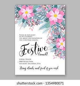 Winter anemone poppy fir floral Christmas Party invitation wedding invitation card template with floral vector background