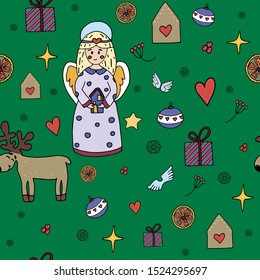 Winter angel seamless vector pattern