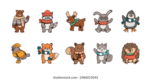 Winter Animal Cartoon Set Collection