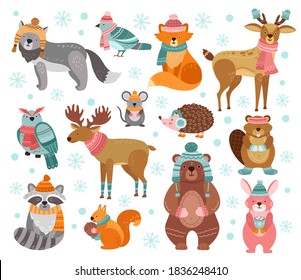 Winter animal characters. Style holiday animals, cute christmas raccoon rabbit fox deer. Woodland funny greeting friends vector illustration