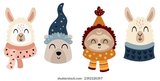 Winter animal faces clipart with cute bear, sloth and llama in cartoon flat style. Vector illustration