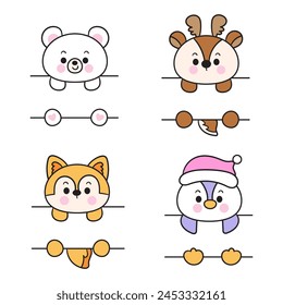 Invierno marco de animal con lindo oso zorro pingüino y reno. Etiqueta de etiqueta divertida de la serie (garabatos planos Girly). Perfecto para niños de guardería, niños, baby shower girl, diseño de tela, camiseta estampada.