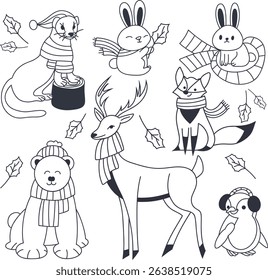 Winter Animal Illustrations. Characters in Cozy Outfits. Adorable Winter Animals with Warm Clothing. Vector line art.