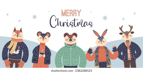 Winter animals. Christmas banner with animal character.
Celebration postcard.