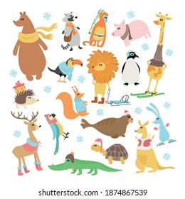 Winter animals. Christmas set with cute animals, handmade simple hand drawn style. Vector illustration