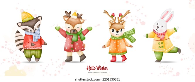 Winter animals, Christmas animals set, Digital paint watercolor illustration
