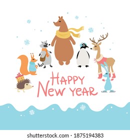 Winter animals. Christmas set, hand-drawn style - calligraphy, animals and other elements. Vector illustration